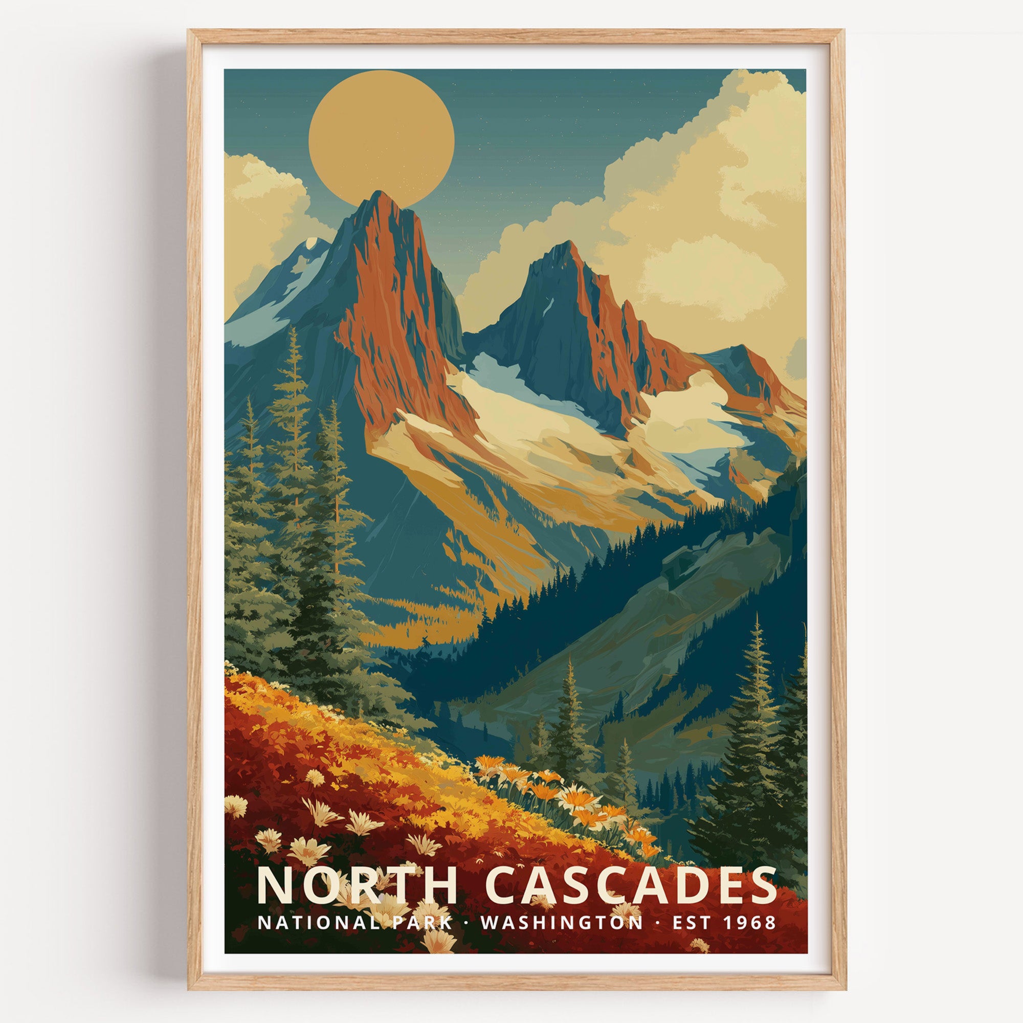North Cascades National Park retro travel poster — jagged glaciated peaks above alpine wildflower slopes at sunrise, Washington