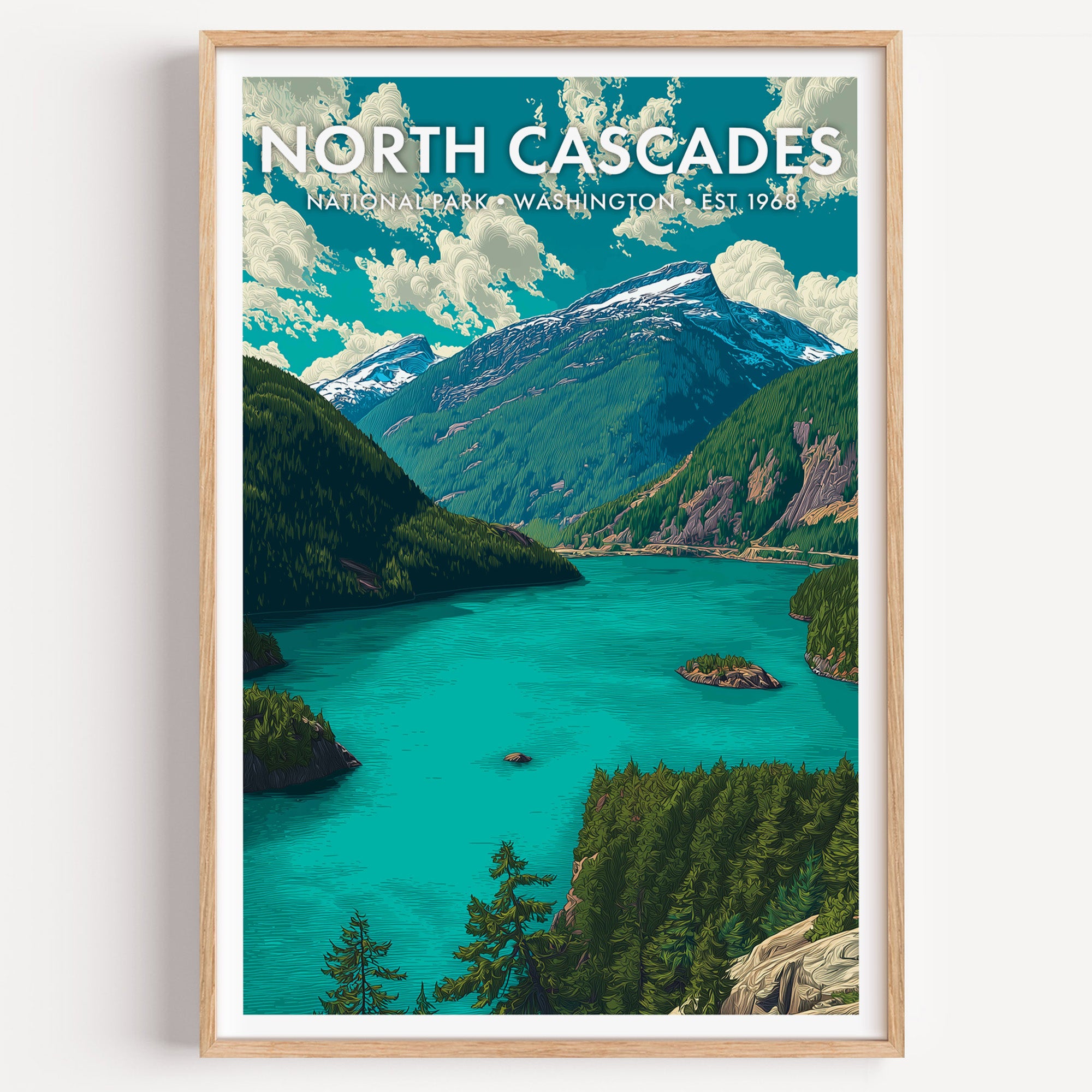 North Cascades National Park mid-century modern art print — the unreal turquoise of Diablo Lake between steep evergreen slopes