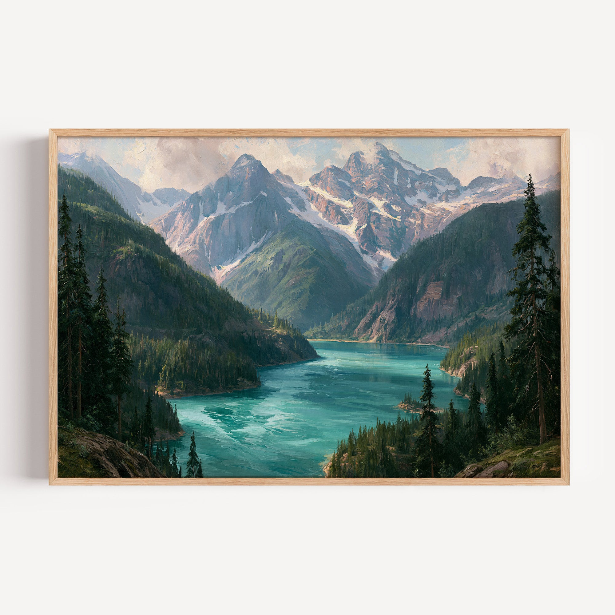 North Cascades classical oil painting print in an oak frame: a turquoise lake below snowy peaks