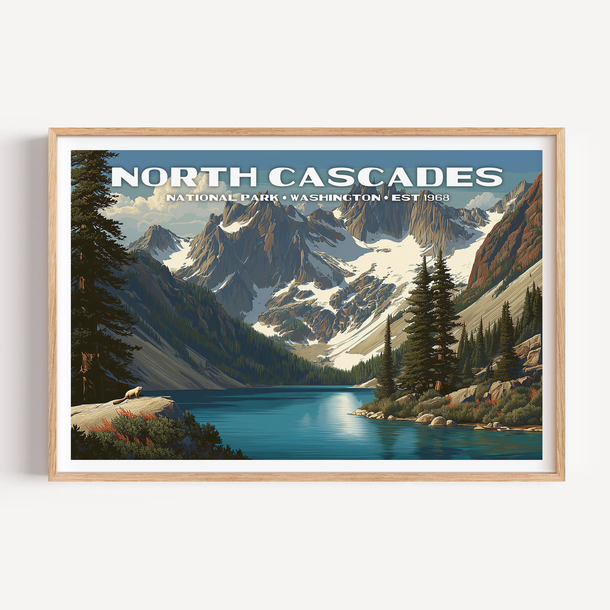 A turquoise alpine lake below the jagged snow-streaked peaks of the North Cascades — North Cascades National Park vintage WPA travel poster print