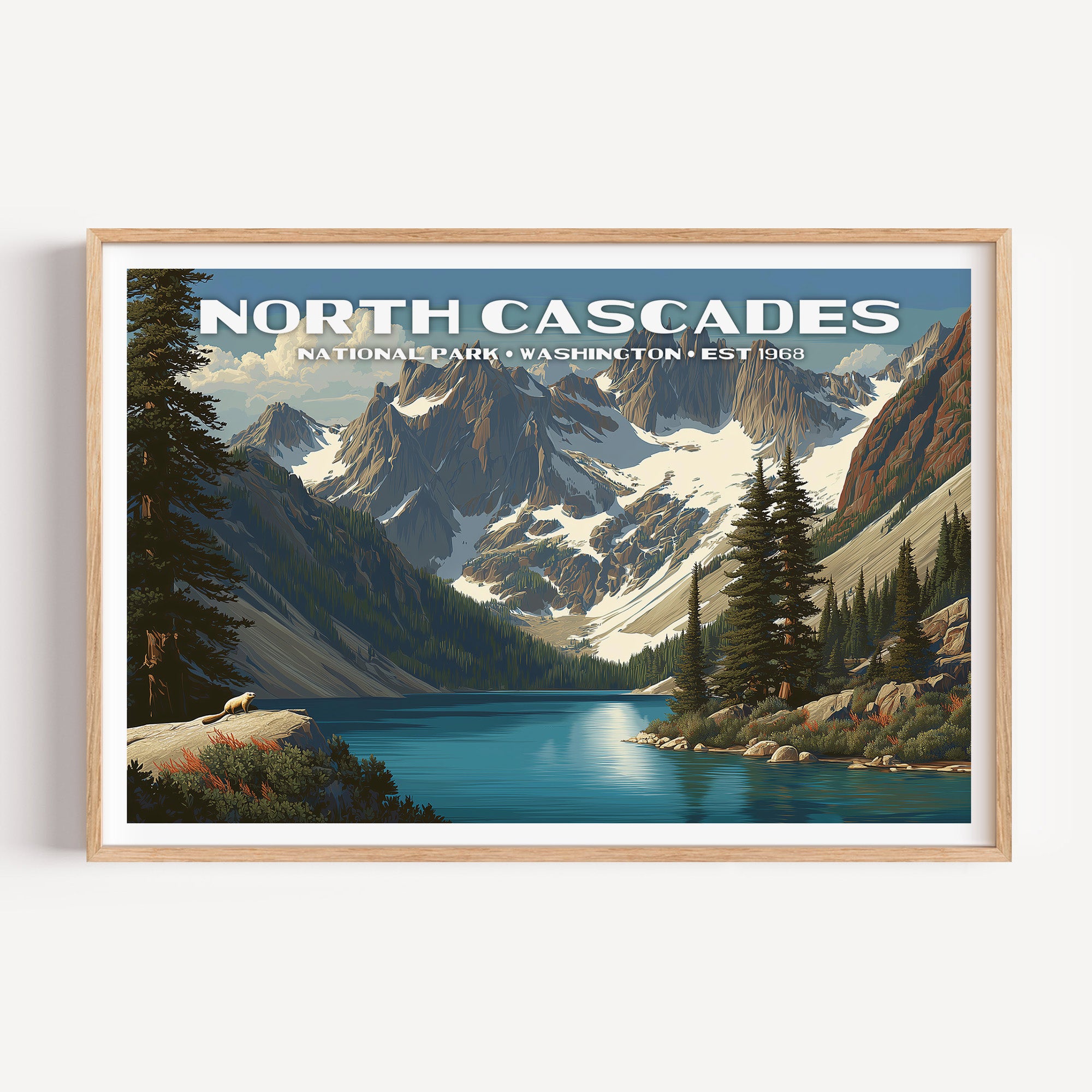 A turquoise alpine lake below the jagged snow-streaked peaks of the North Cascades — North Cascades National Park vintage WPA travel poster print