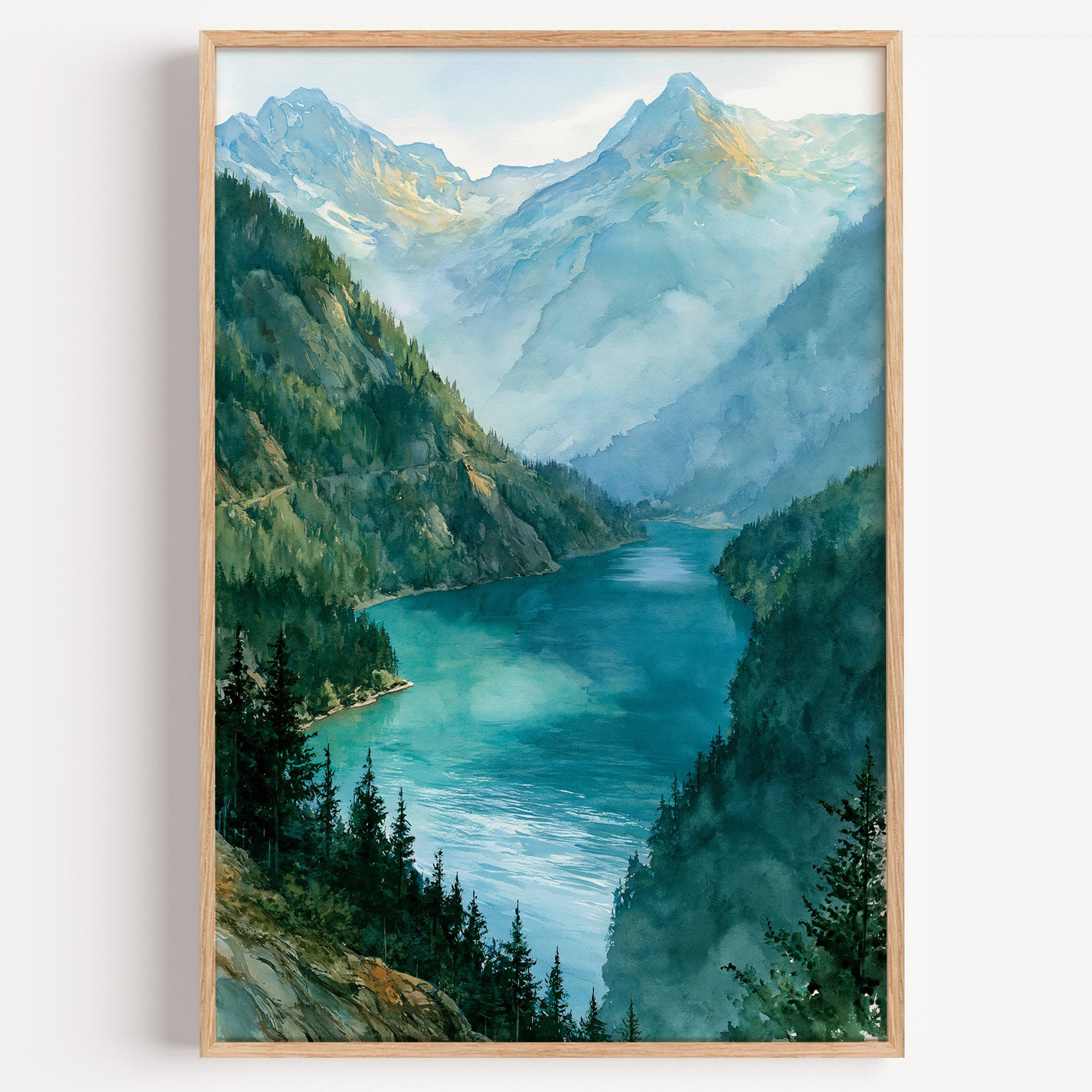 North Cascades National Park watercolor art print: turquoise lake between forested walls below glaciated peaks