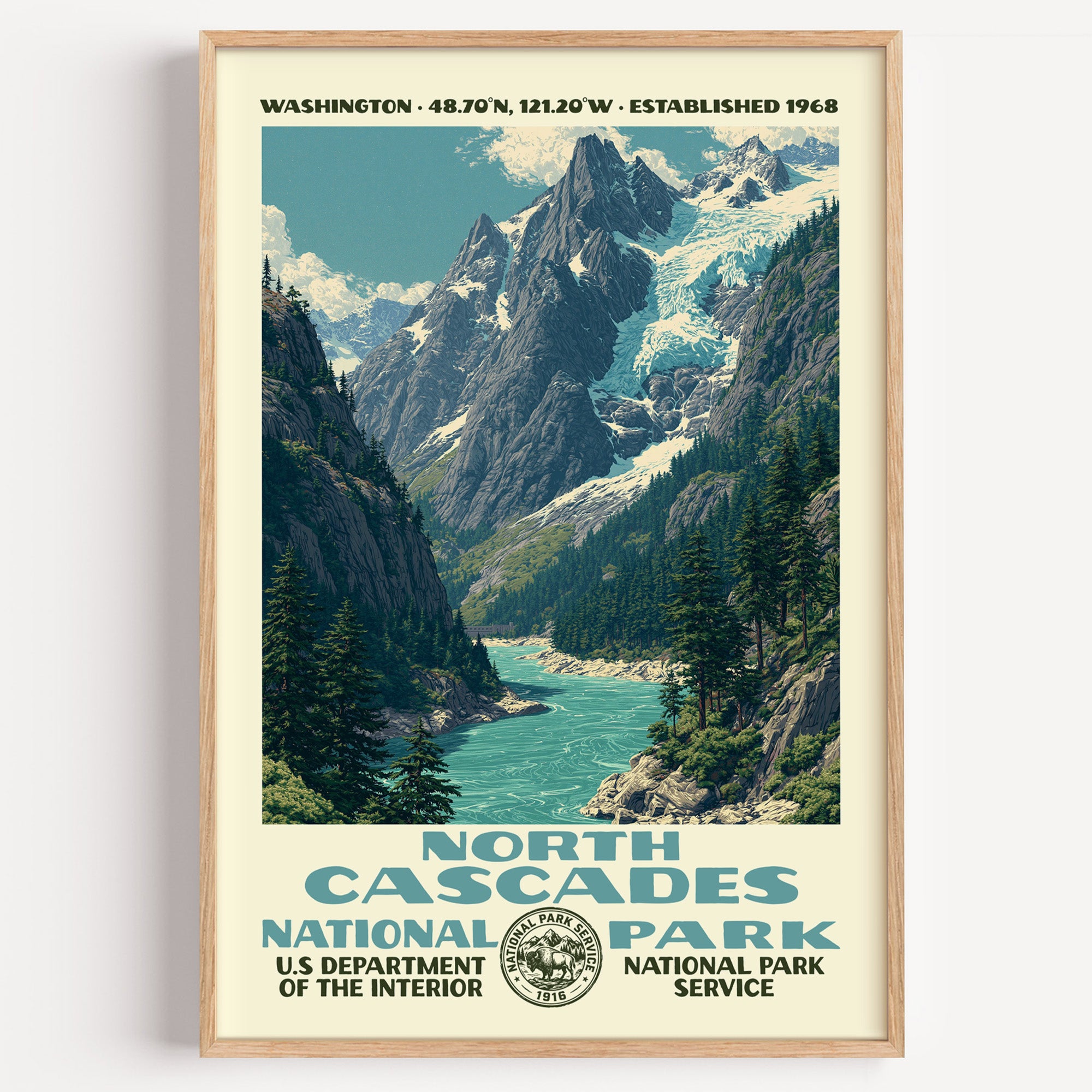 North Cascades National Park vintage WPA poster in a wood frame, jagged peaks above the turquoise water of Diablo Lake