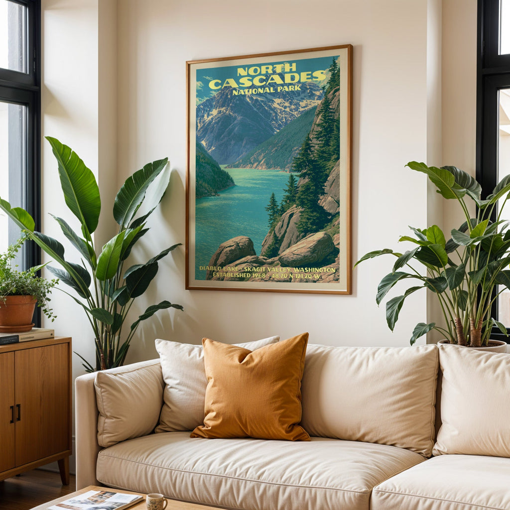 North Cascades vintage travel print in oak above a cream sofa with a rust cushion and tall houseplants