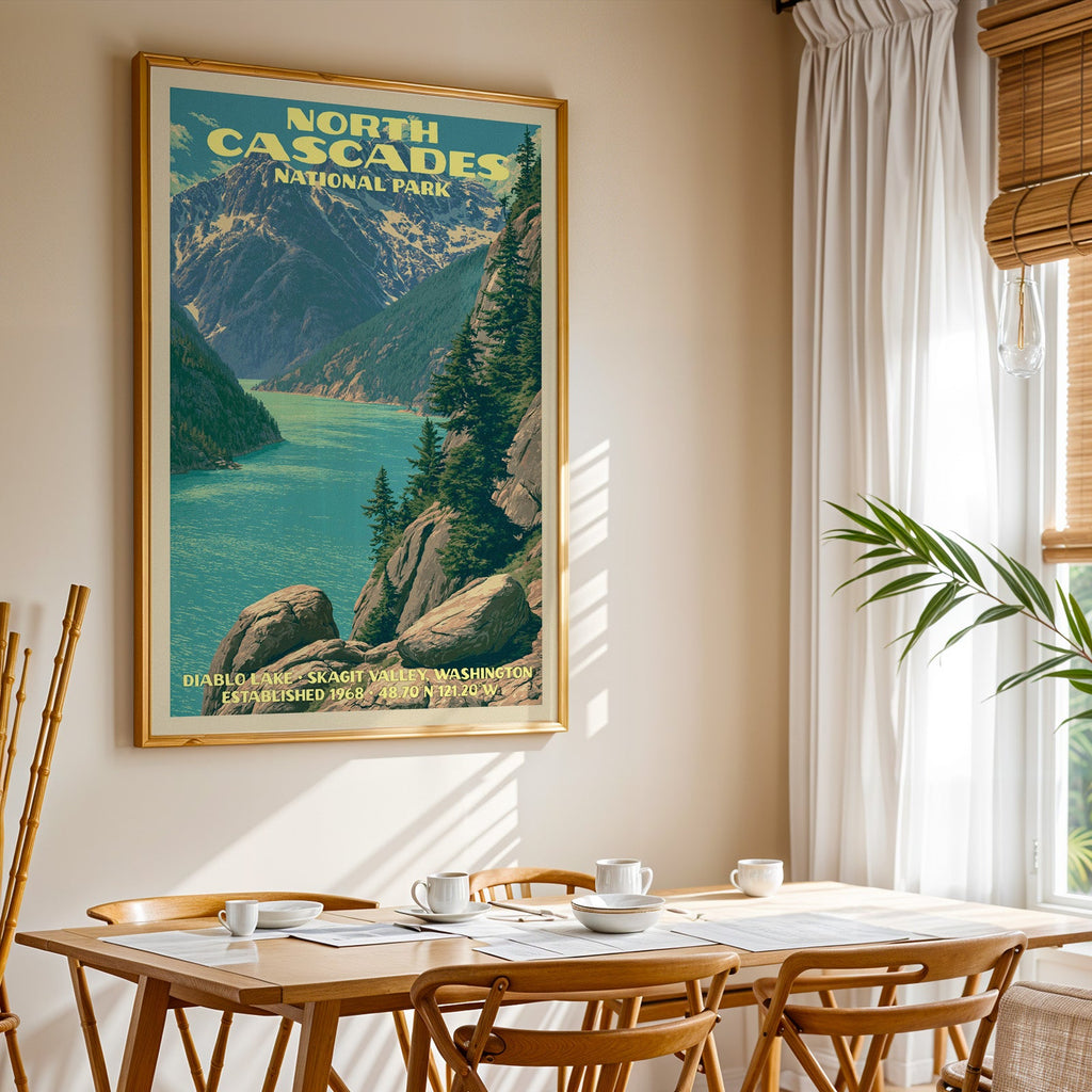 North Cascades National Park print in gold above a light oak dining table by a curtained window