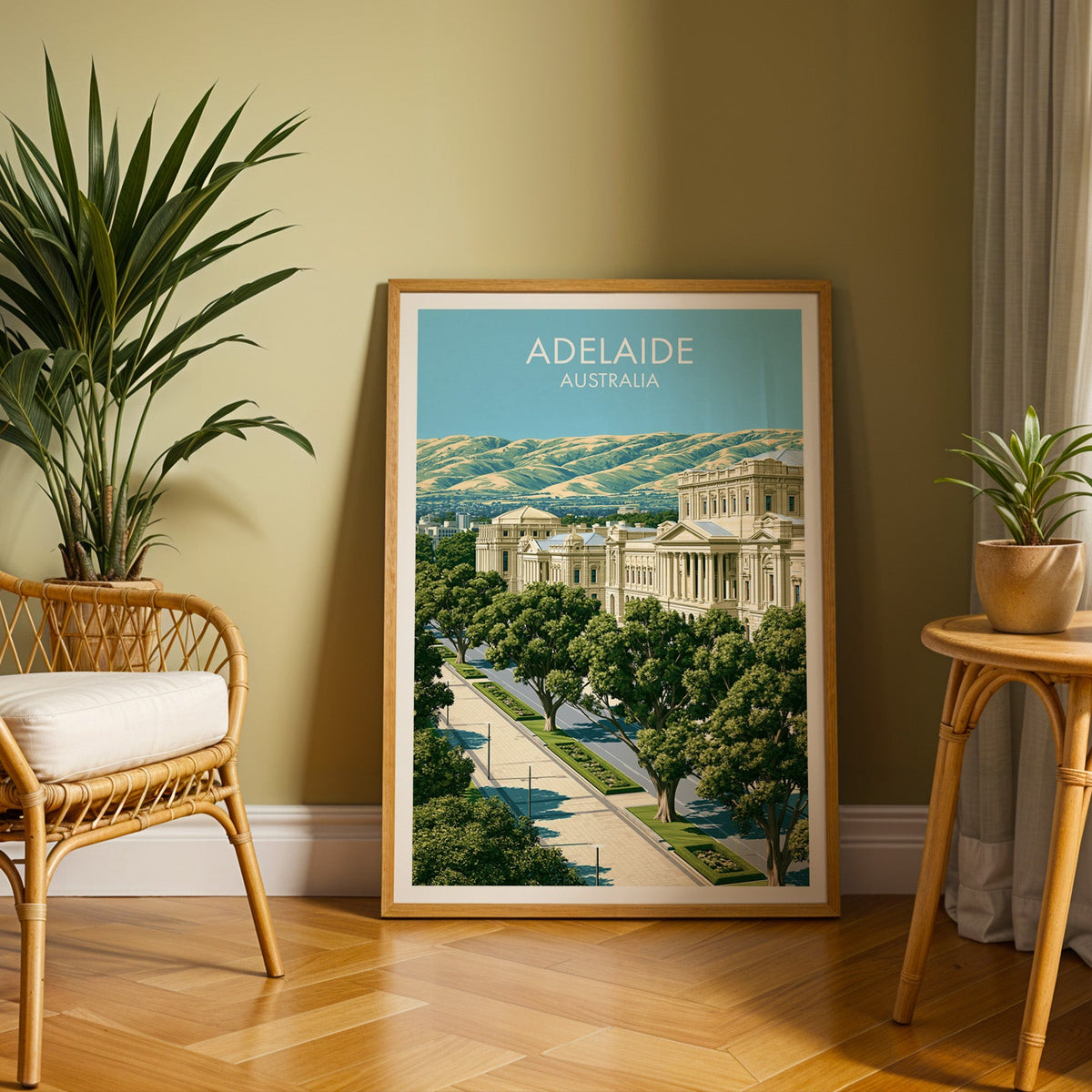 Sandstone colonnade poster in an oak frame on herringbone parquet with an olive wall and rattan chair
