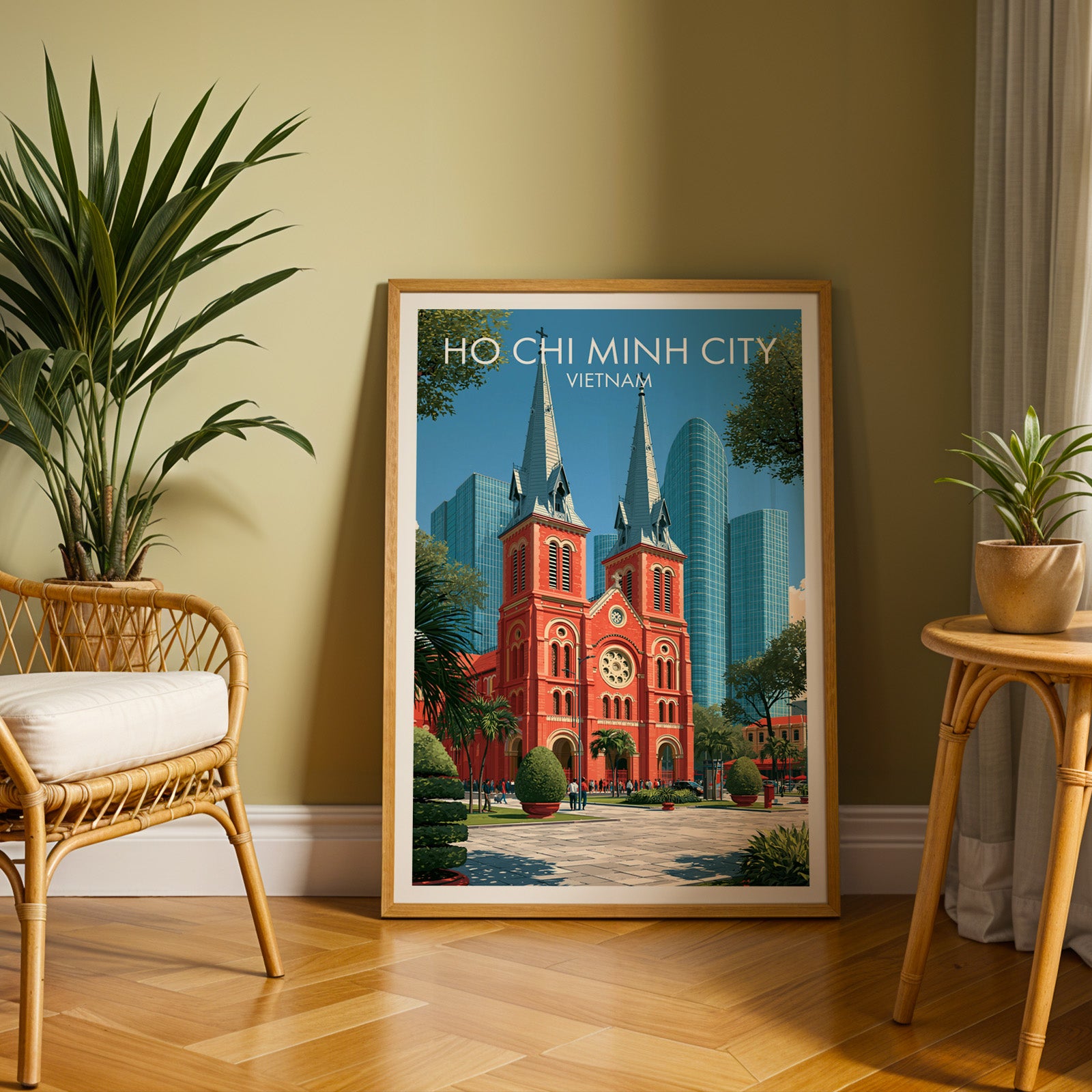 Large Ho Chi Minh City Vietnam travel print in an oak frame leaning on a herringbone floor next to a rattan chair