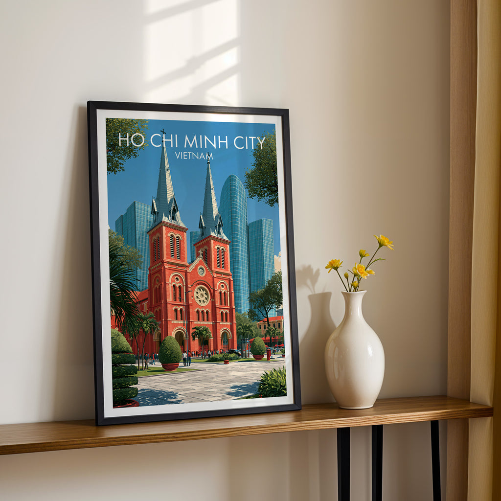 Black framed Ho Chi Minh City Vietnam print on a narrow hallway console in sunlight, styled with yellow flowers
