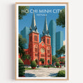 Ho Chi Minh City Vietnam travel poster in a natural wood frame, shown against a clean white wall