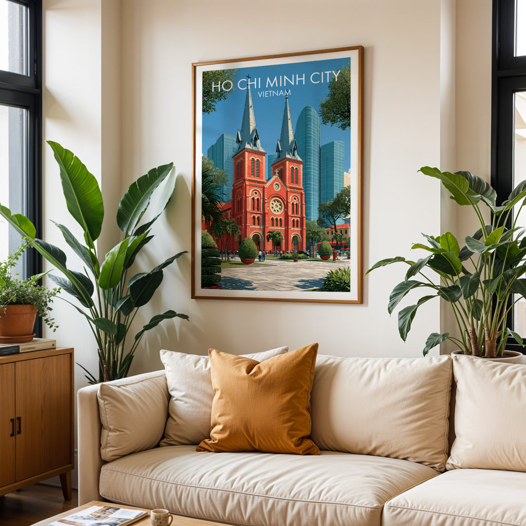 Framed Ho Chi Minh City Vietnam wall art hanging above a cream sofa in a bright living room with tropical plants
