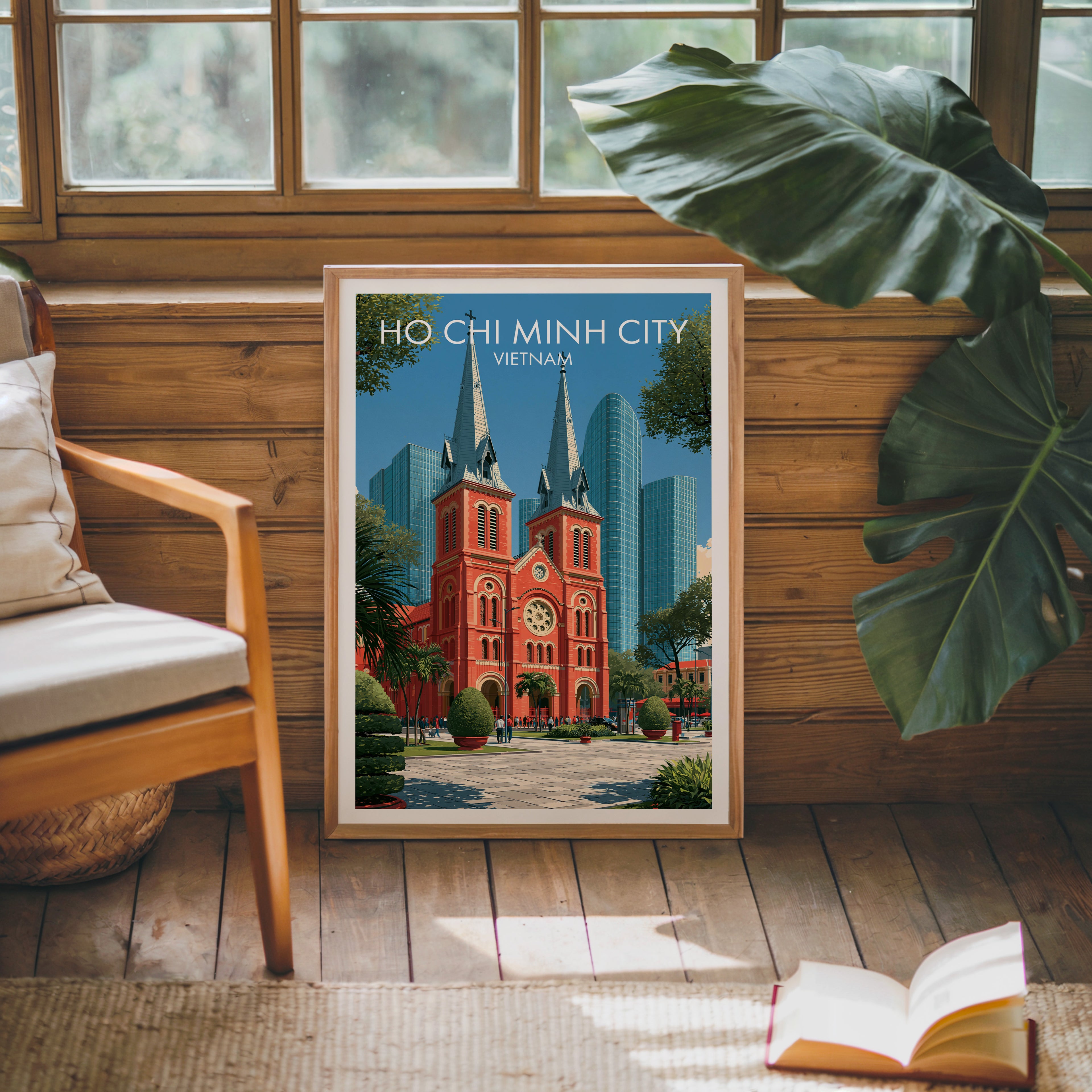Framed Ho Chi Minh City Vietnam poster leaning against a timber cabin wall with monstera leaves and an open book