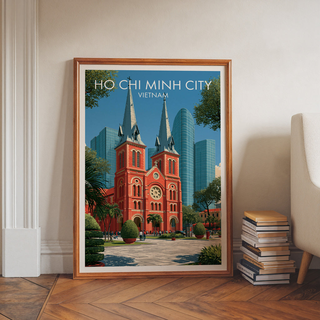 Ho Chi Minh City Vietnam art print in a walnut frame leaning in a hallway beside stacked books