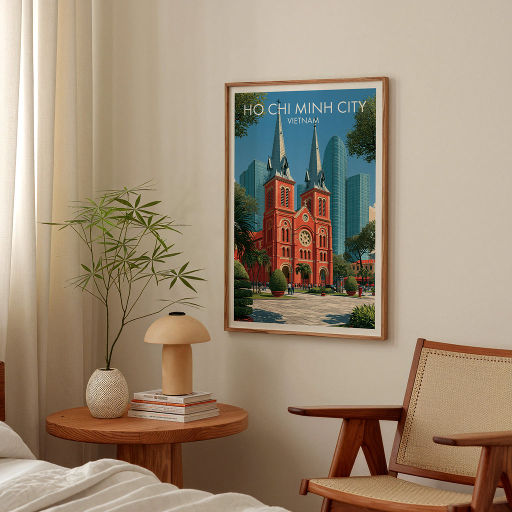 Ho Chi Minh City Vietnam poster above a bedroom nightstand with a bamboo plant and mushroom lamp