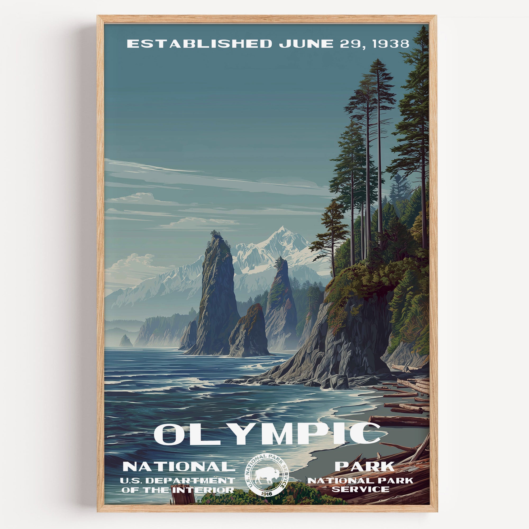 Olympic National Park vintage travel poster in a wood frame, sea stacks and driftwood on a misty coast below tall firs