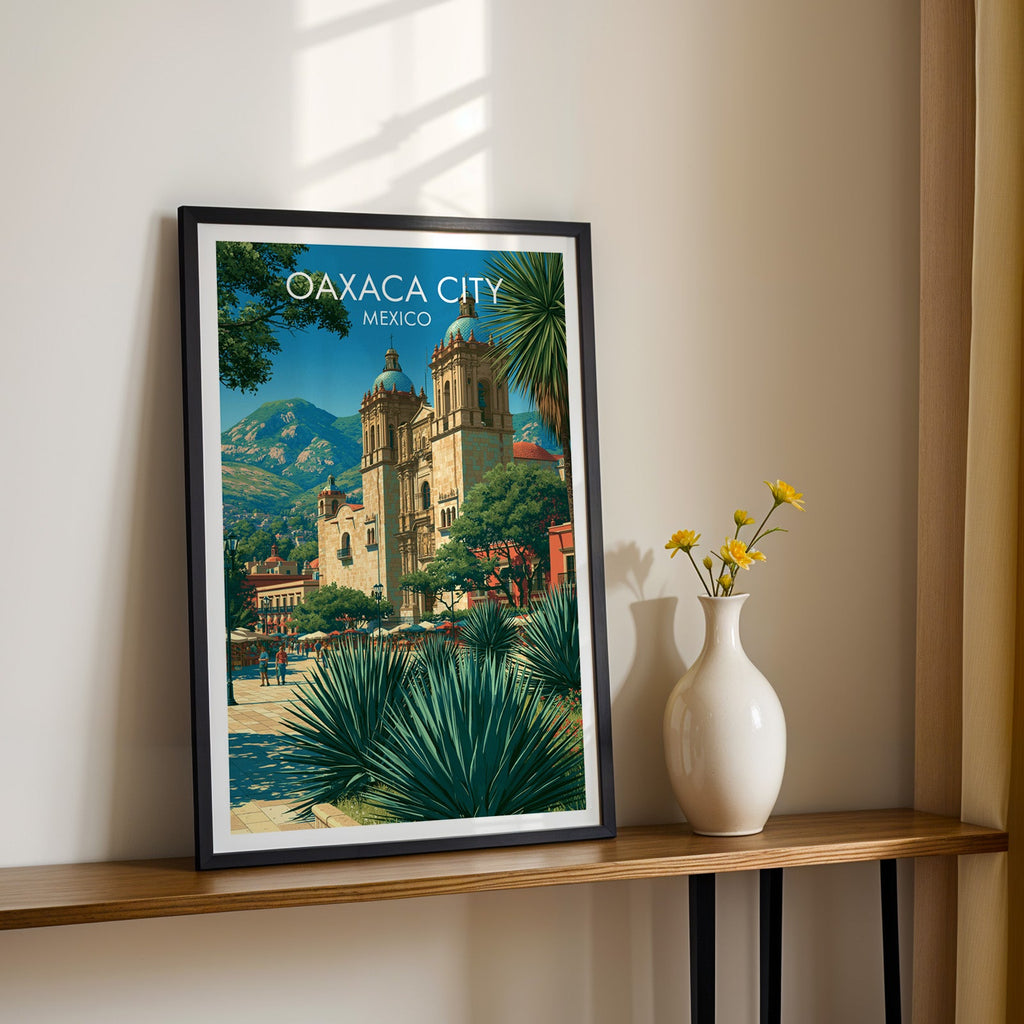 Agave spears and honey stone facade, black frame on a wood shelf with yellow daisies on a cream wall