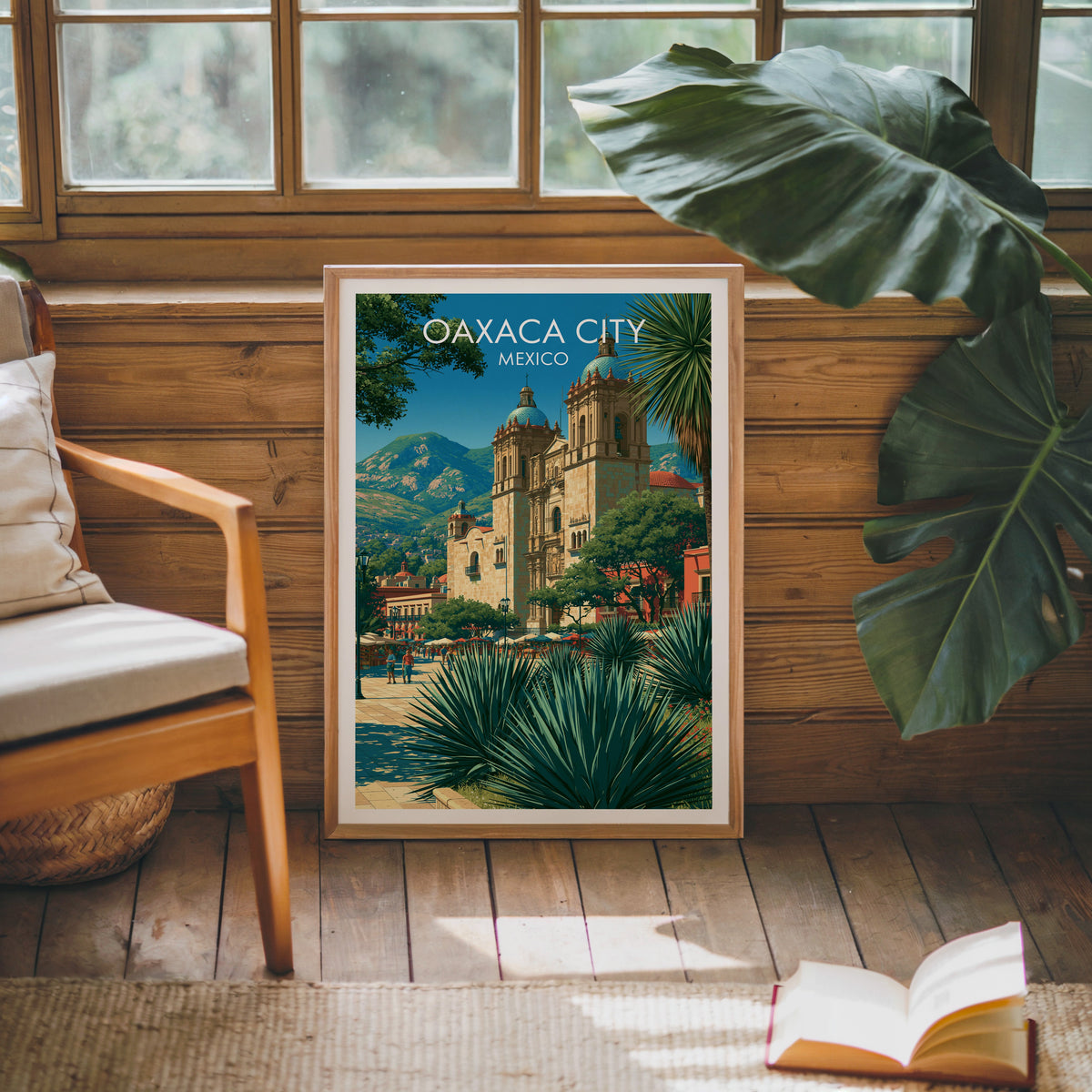 Market parasols under palm fronds, oak frame on a pine cabin wall by a wooden armchair and monstera leaf