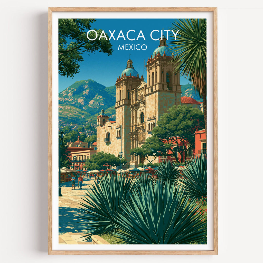 Oaxaca City stone church and agave print in a light oak frame on a plain white wall