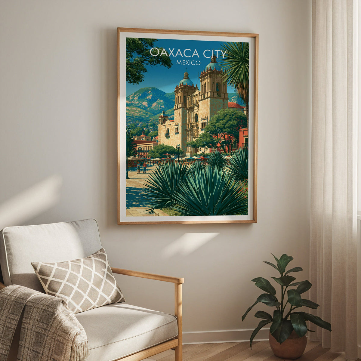 Teal domes and sandstone towers in an oak frame above a cream armchair with a check cushion