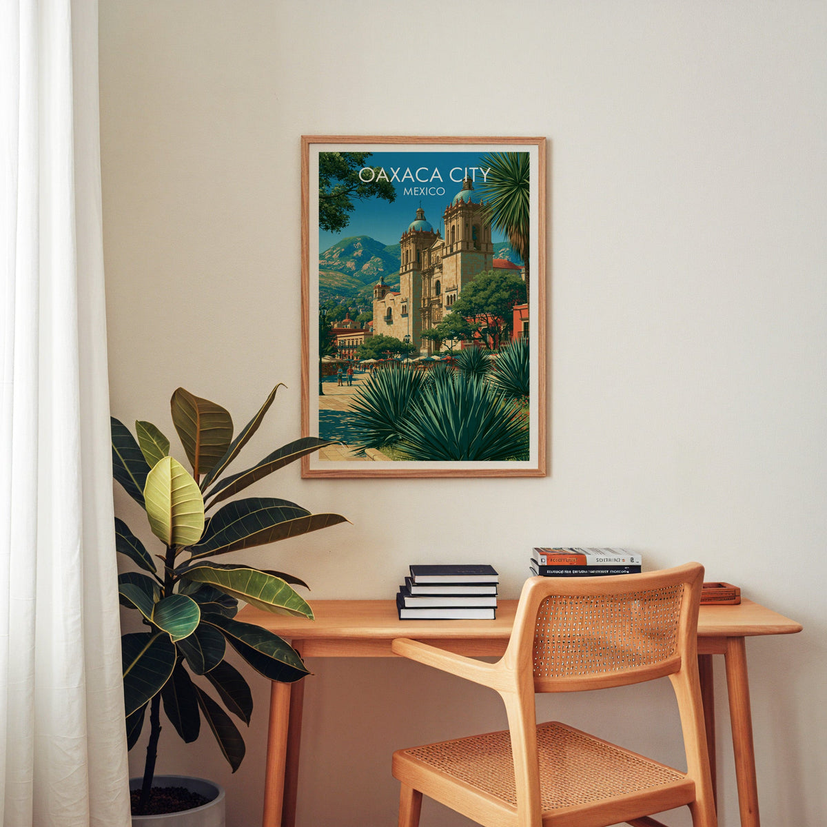 Carved church front above agave, oak frame over a home-office desk with a cane chair and rubber plant