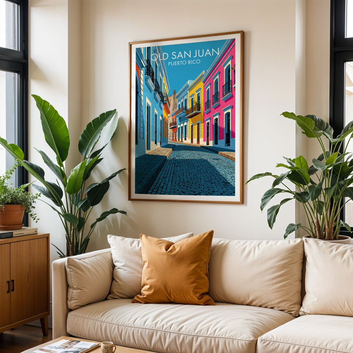 Old San Juan poster in an oak frame above a cream sofa with a burnt-orange cushion and two tall tropical plants