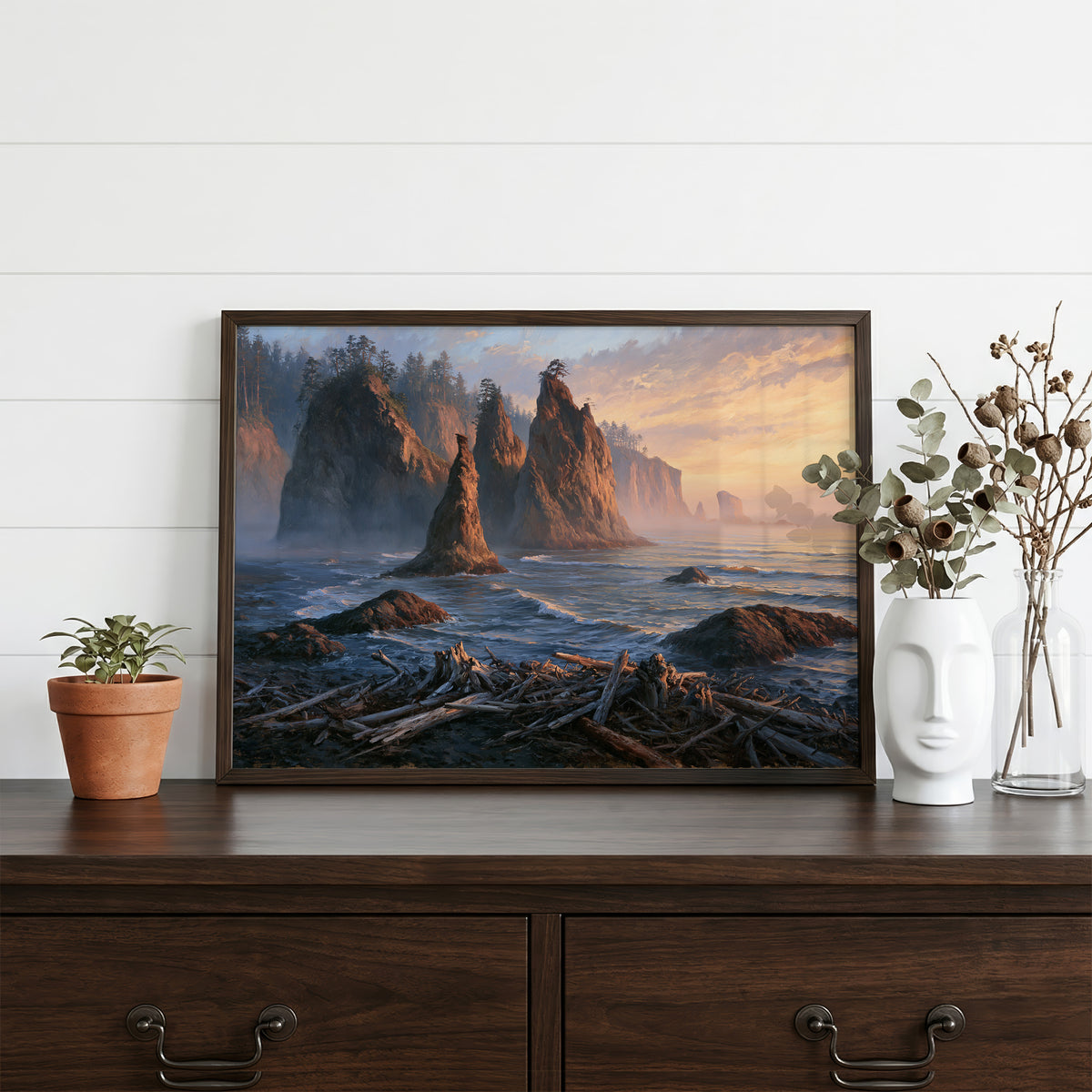 Olympic classical oil painting in a walnut frame resting on a dark wood dresser