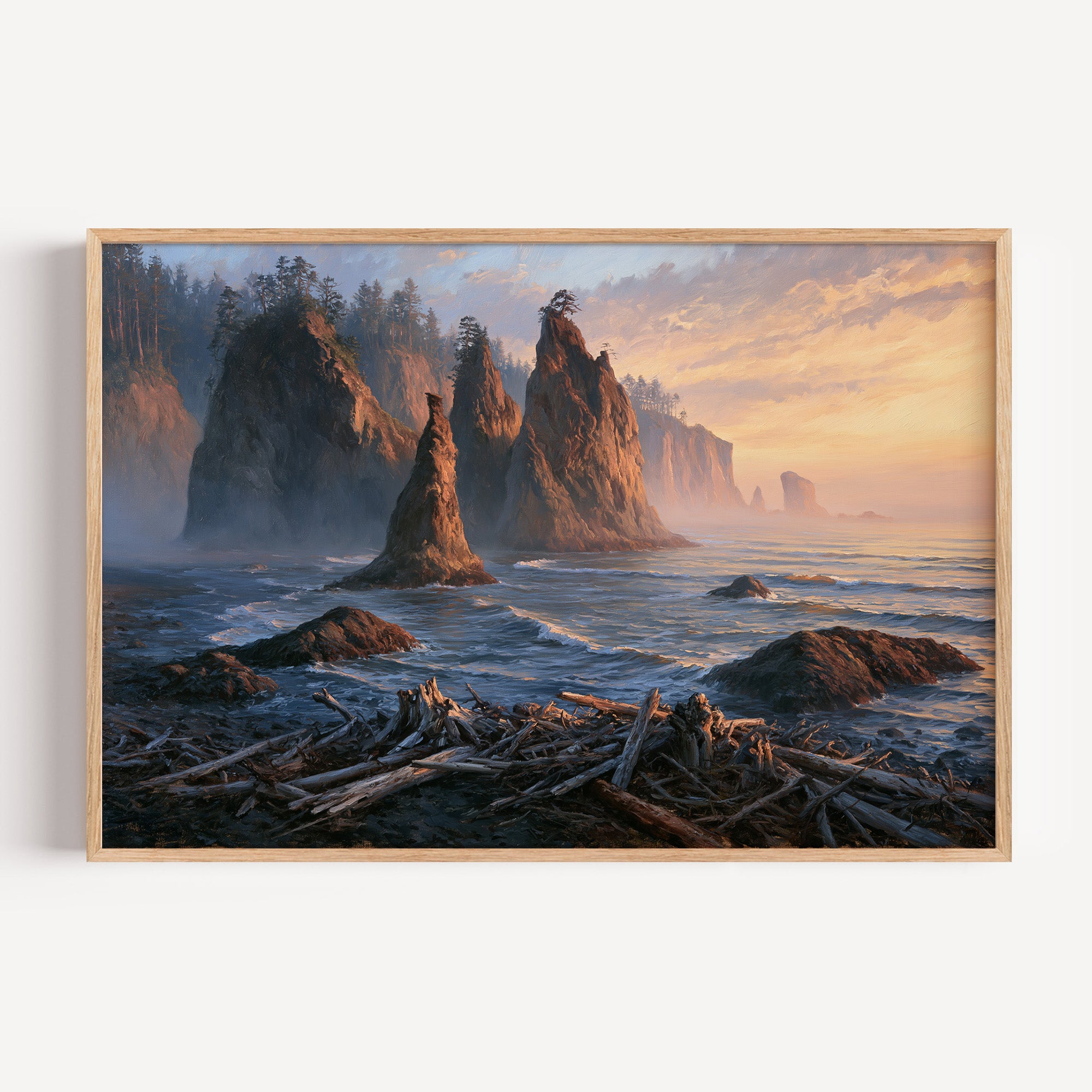 Olympic National Park classical oil painting print in an oak frame: sea stacks and driftwood at sunset