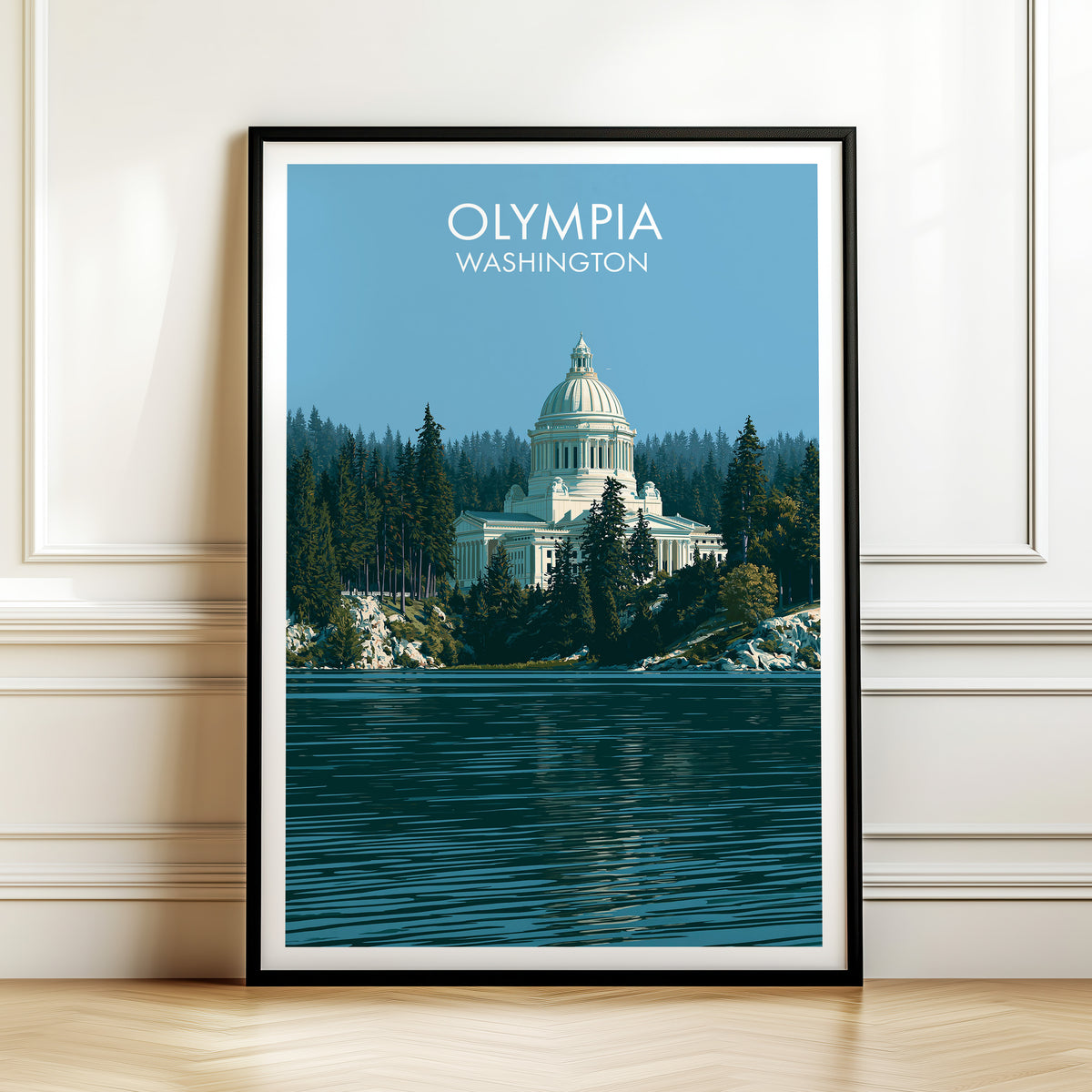 Washington State Capitol print in a black frame against white panelled walls above a herringbone floor