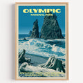 Rialto Beach Olympic National Park vintage poster in a light oak frame on a plain white wall