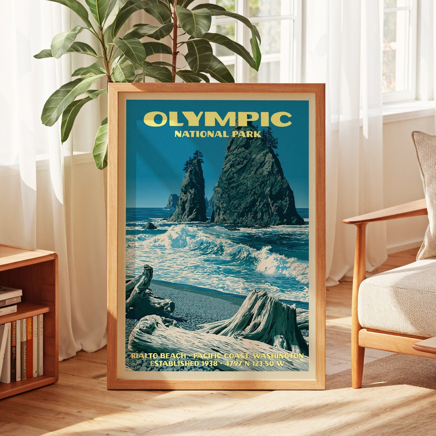 Olympic vintage poster in oak, leaning by a sunlit window with sheer curtains and a low bookshelf
