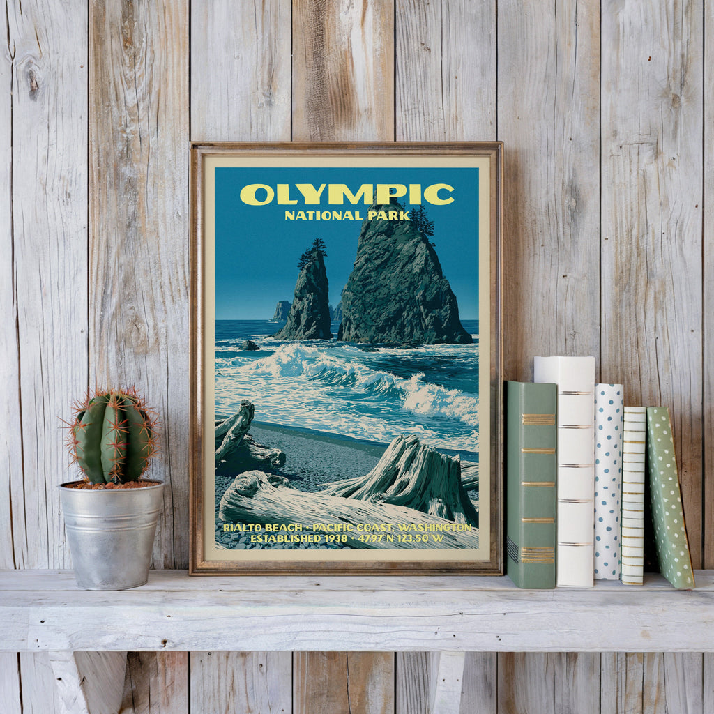 Olympic National Park poster in a slim gold frame on a whitewashed plank wall beside a cactus and pastel books