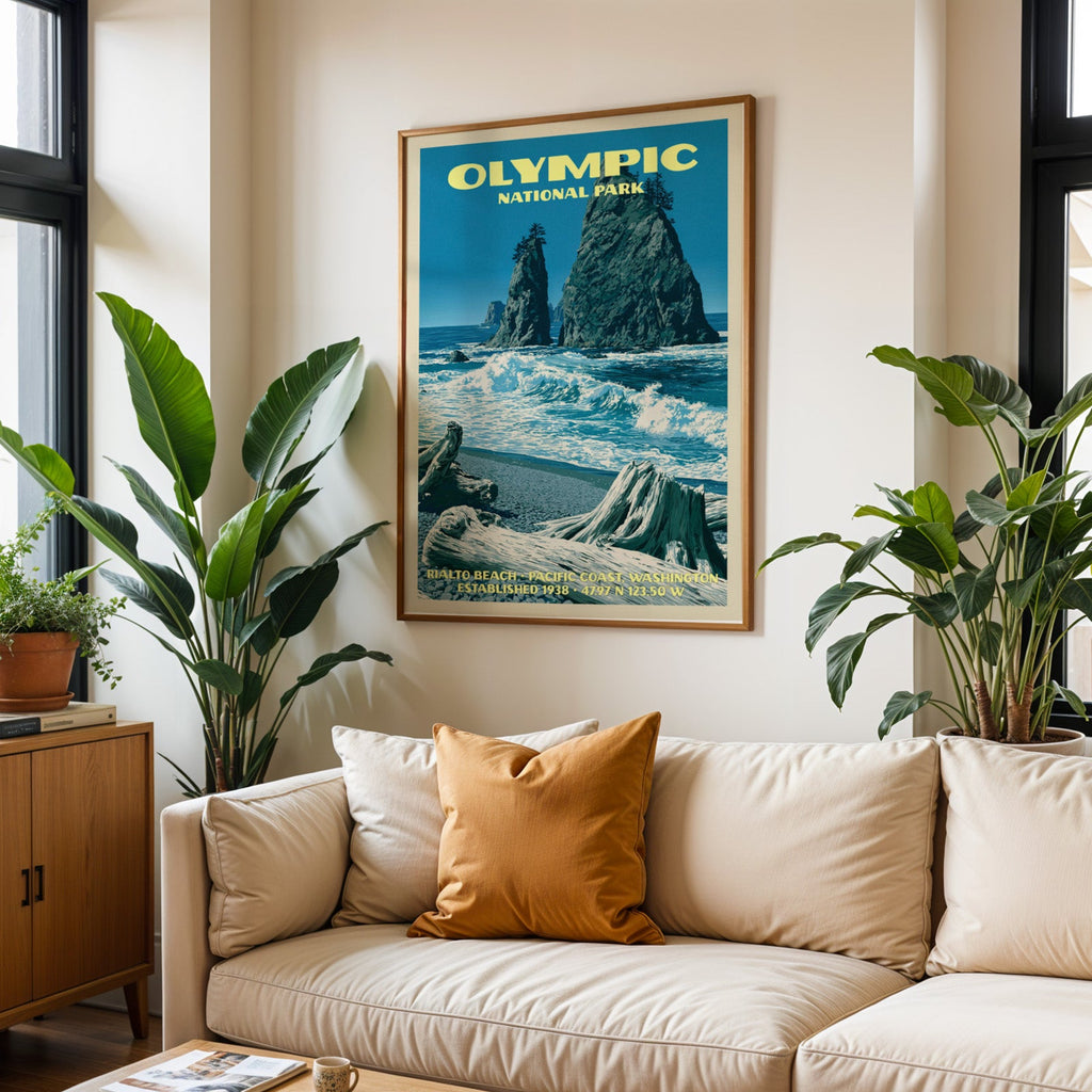 Olympic vintage travel print in oak above a cream sofa with a rust cushion and tall houseplants