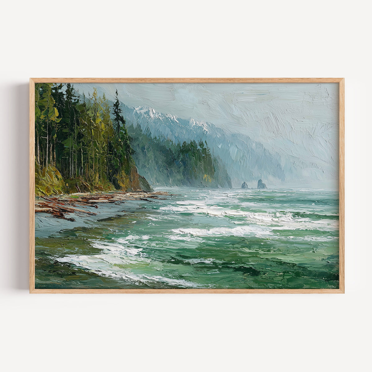 Olympic National Park oil painting print in an oak frame: driftwood and sea stacks on a misty shore