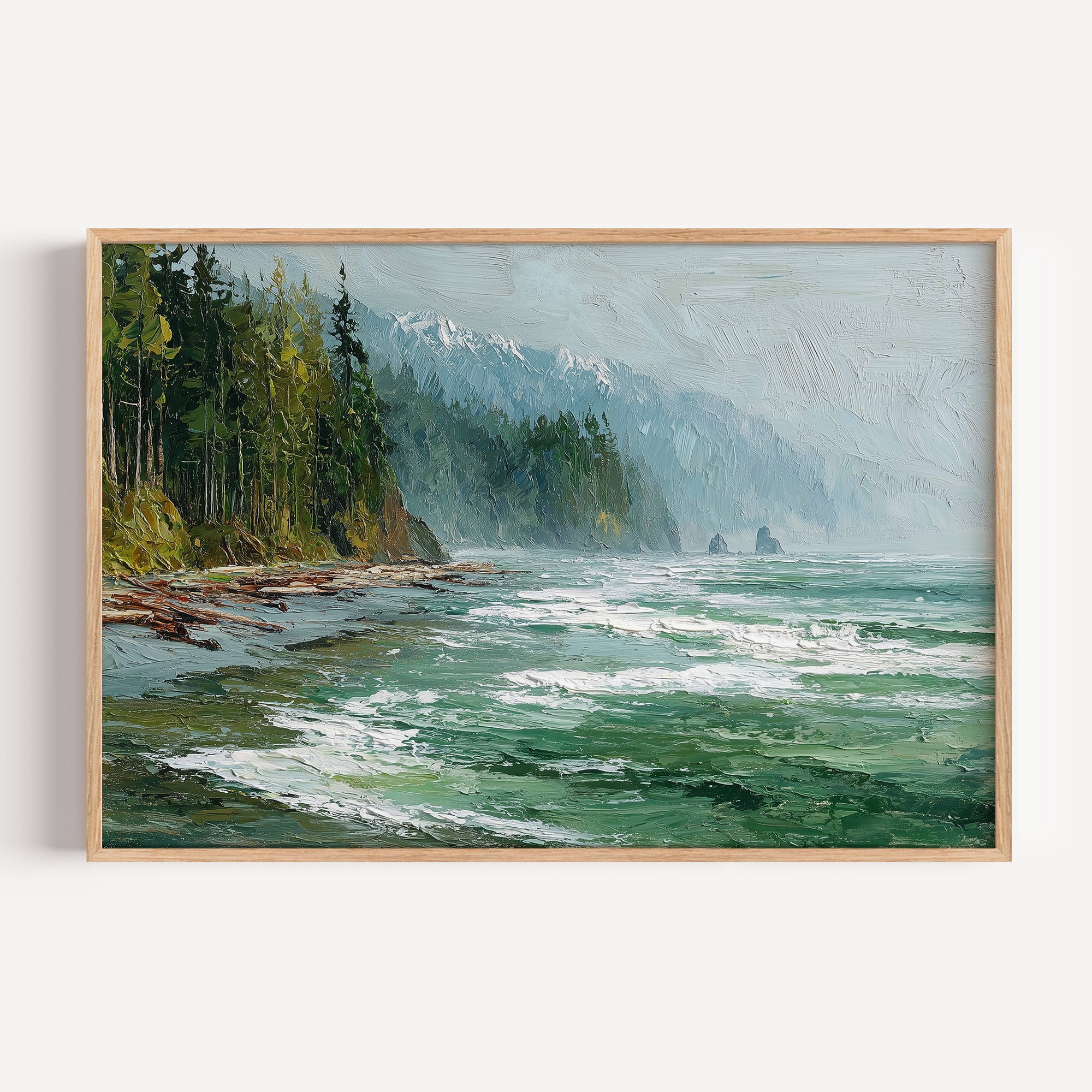 Olympic National Park oil painting print in an oak frame: driftwood and sea stacks on a misty shore