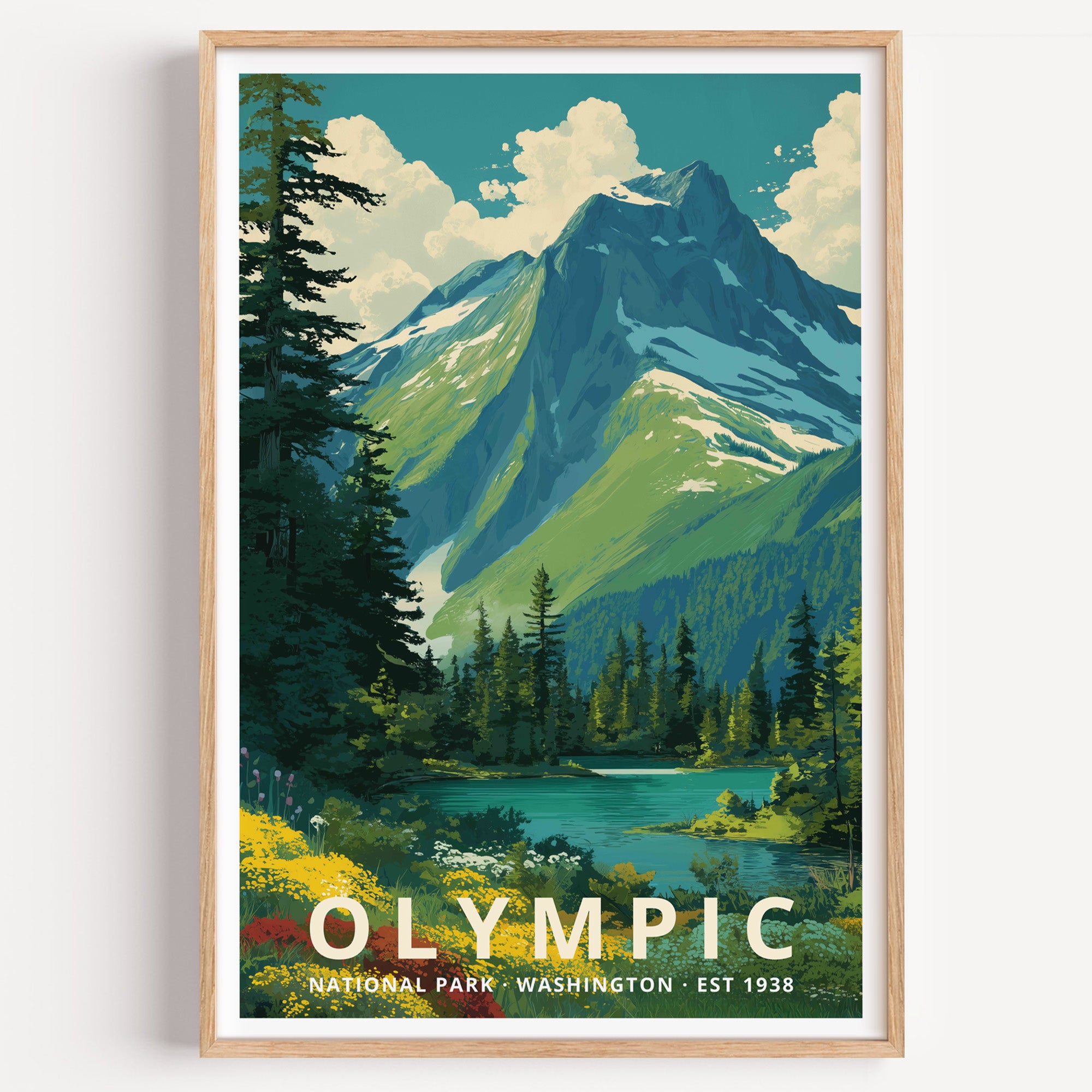 Olympic National Park retro travel poster — snow-streaked peaks above conifer forest and a green glacial lake, Washington