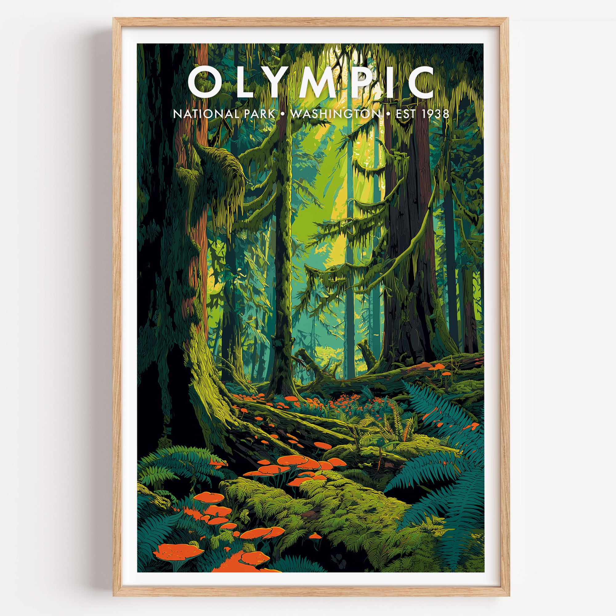Olympic National Park mid-century modern art print — the Hoh Rain Forest with moss hanging from bigleaf maples