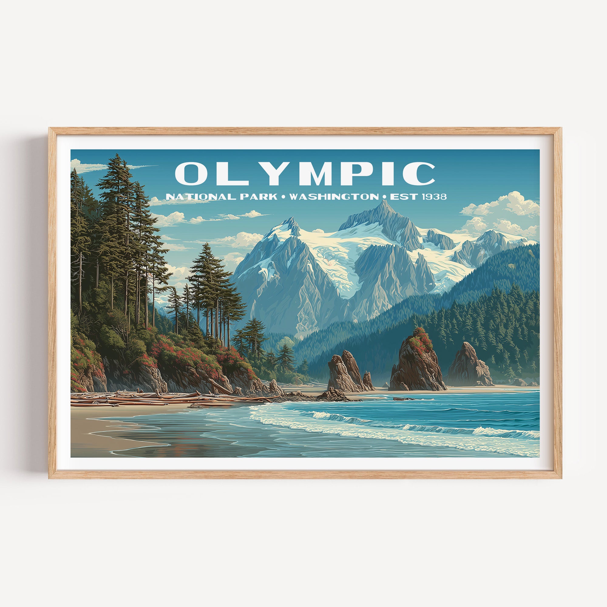 Sea stacks and driftwood on a wild Pacific beach below the glaciated Olympic peaks — Olympic National Park vintage WPA travel poster print