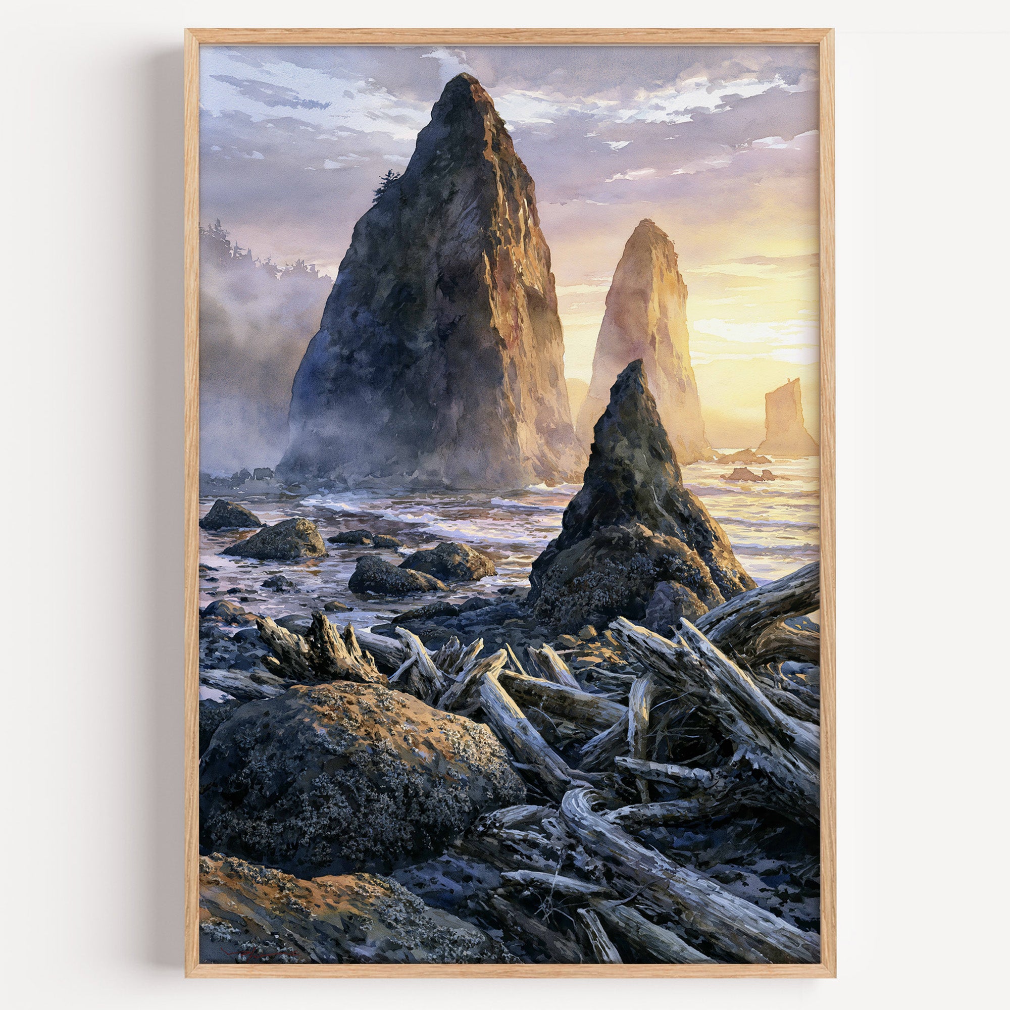 Olympic National Park watercolor art print: backlit sea stacks and driftwood on the coast at sunset