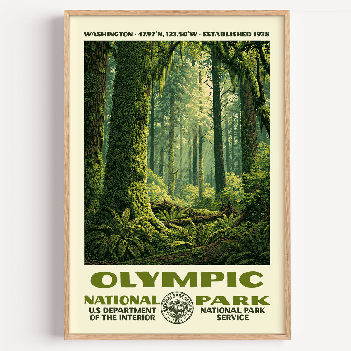 Olympic National Park vintage WPA poster in a wood frame, moss-draped old growth in the Hoh Rain Forest