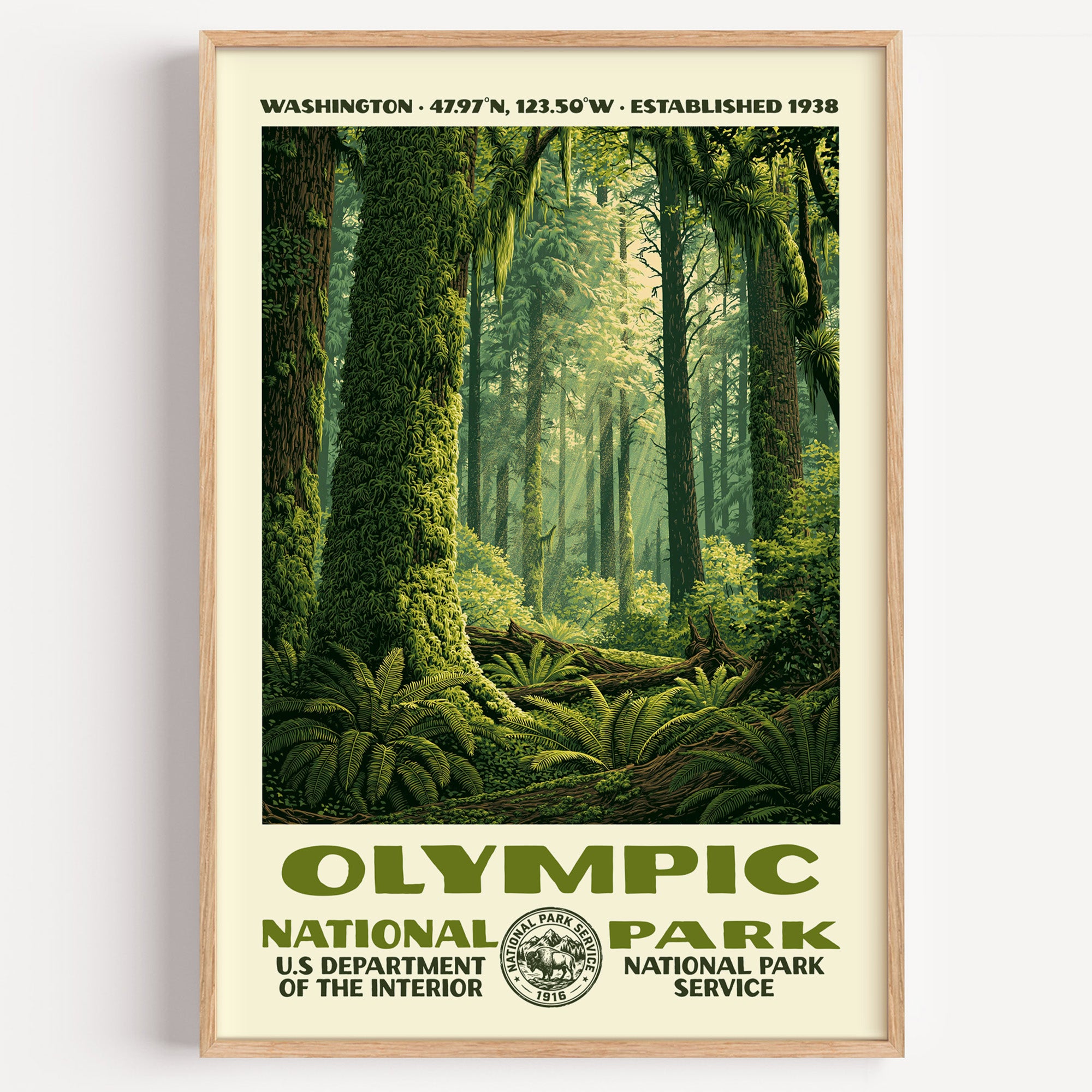 Olympic National Park vintage WPA poster in a wood frame, moss-draped old growth in the Hoh Rain Forest