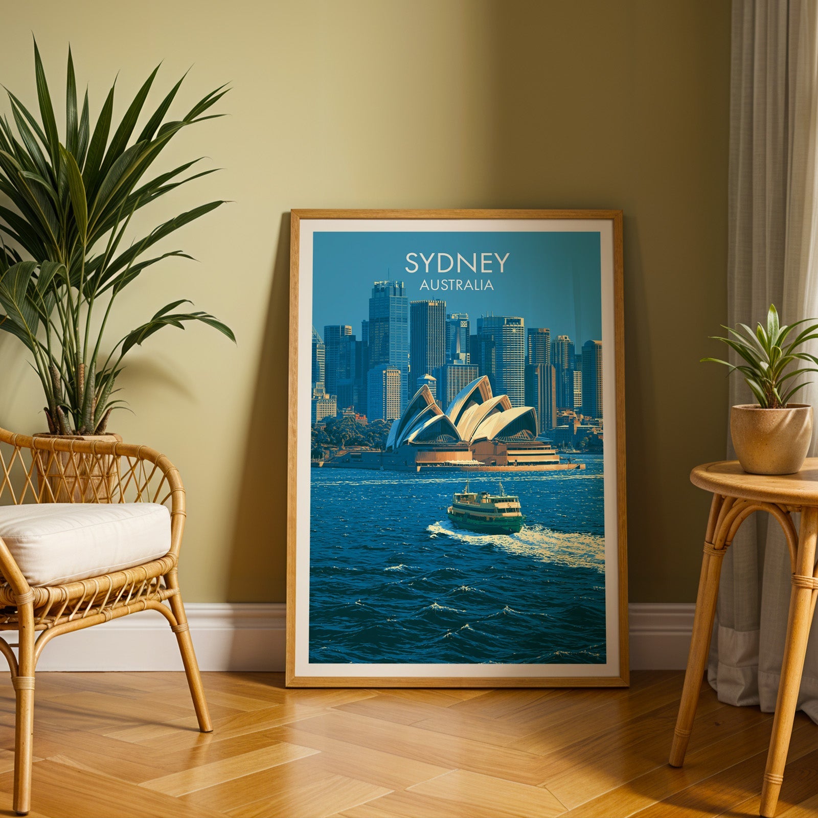Blue Sydney harbour print in an oak frame on herringbone parquet with a rattan chair and olive wall