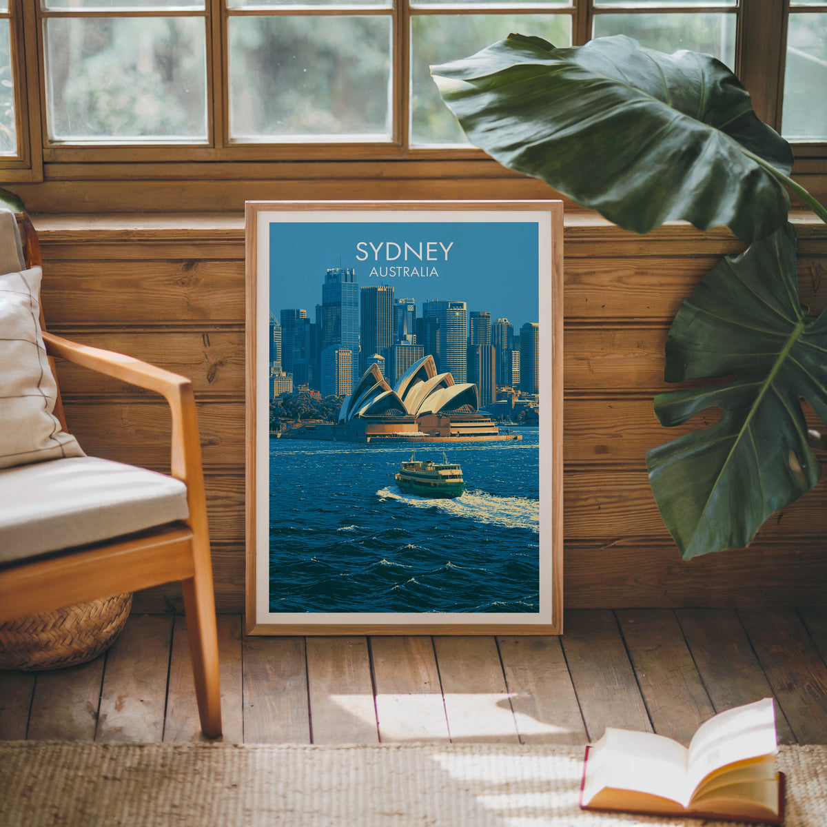 Australian harbour artwork framed against a pine cabin wall with a monstera leaf and open book
