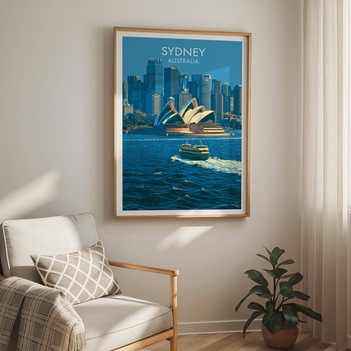 Harbour ferry poster hung above a cream armchair with a sheer curtain and a rubber plant