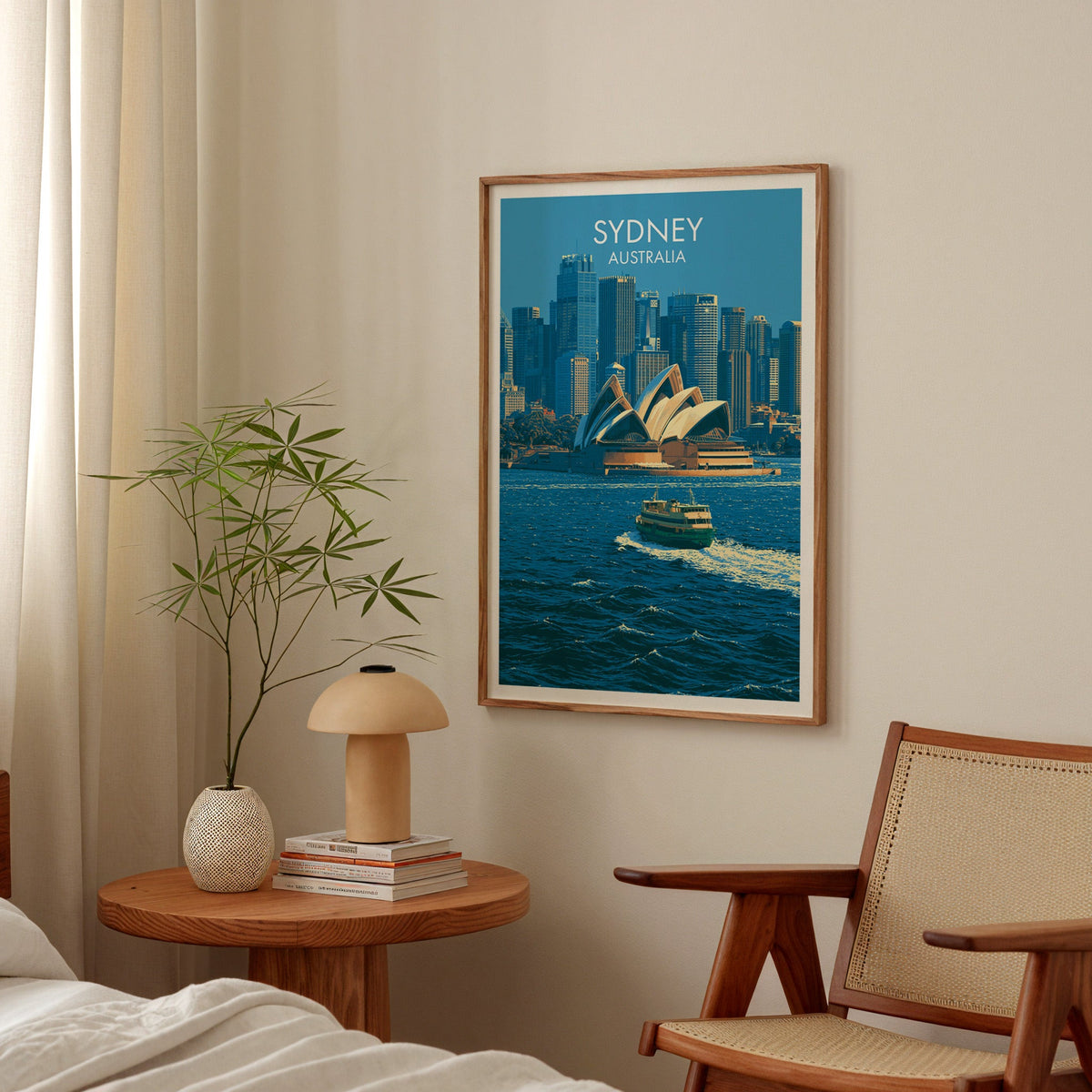 Sydney artwork framed in a bedroom above a round bedside table with a mushroom lamp and bamboo