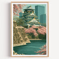 Osaka Castle Japan travel poster in a natural wood frame, shown against a clean white wall
