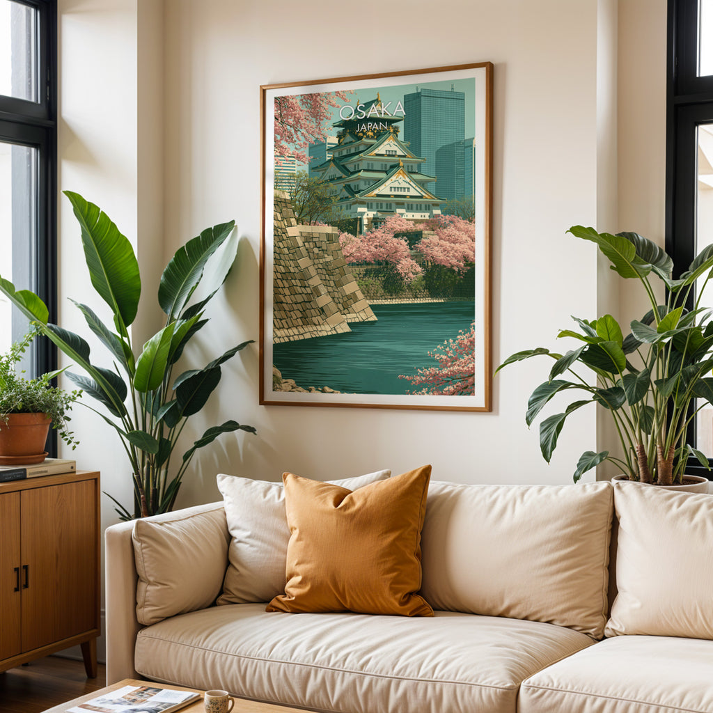 Framed Osaka Castle Japan wall art hanging above a cream sofa in a bright living room with tropical plants
