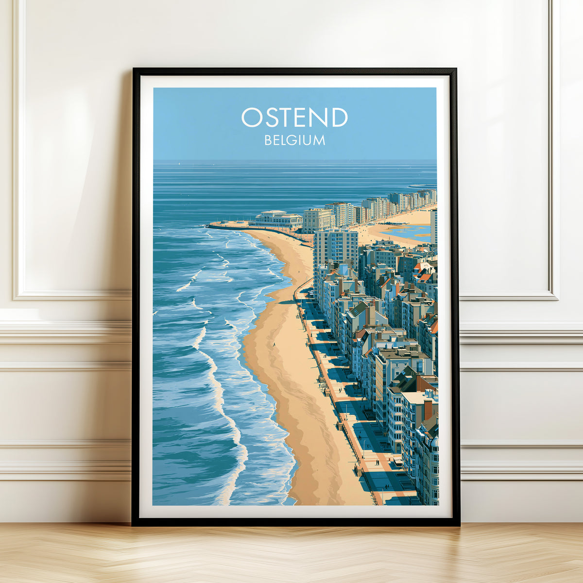 Ostend beach print, black frame leaning on a white panelled wall above a herringbone floor