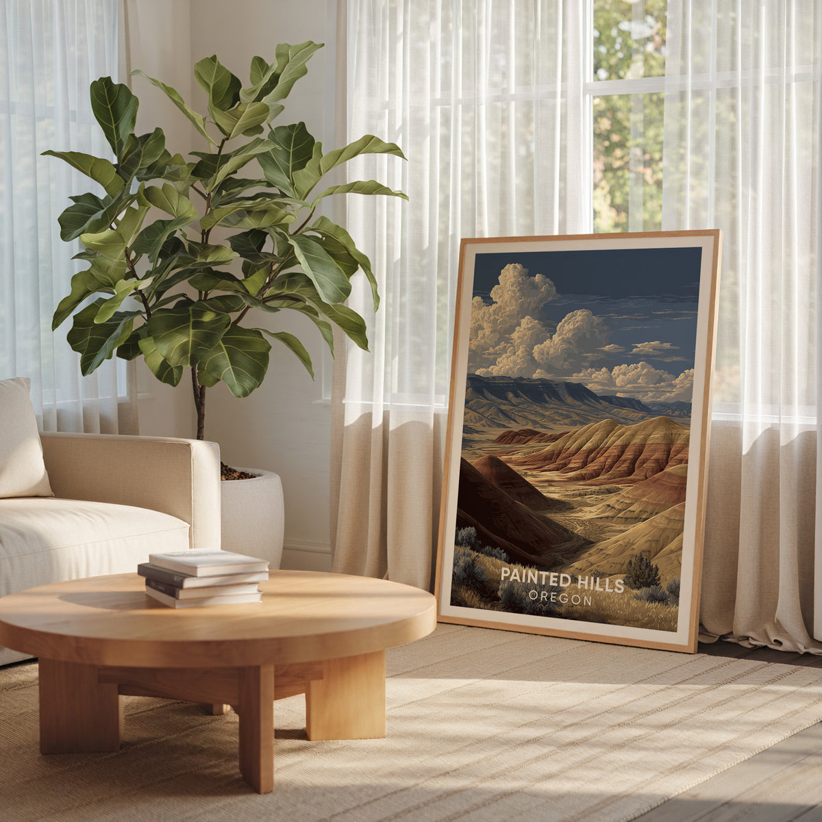 John Day country poster in an oak frame beside a large cheese plant and a round wood table