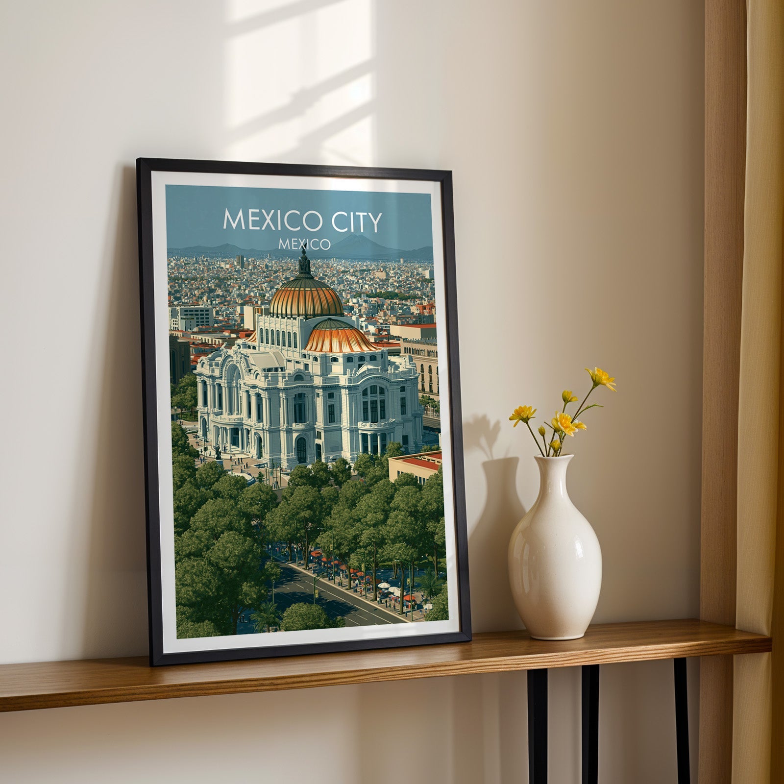 White marble palace above green treetops, black frame on a wood shelf with yellow daisies