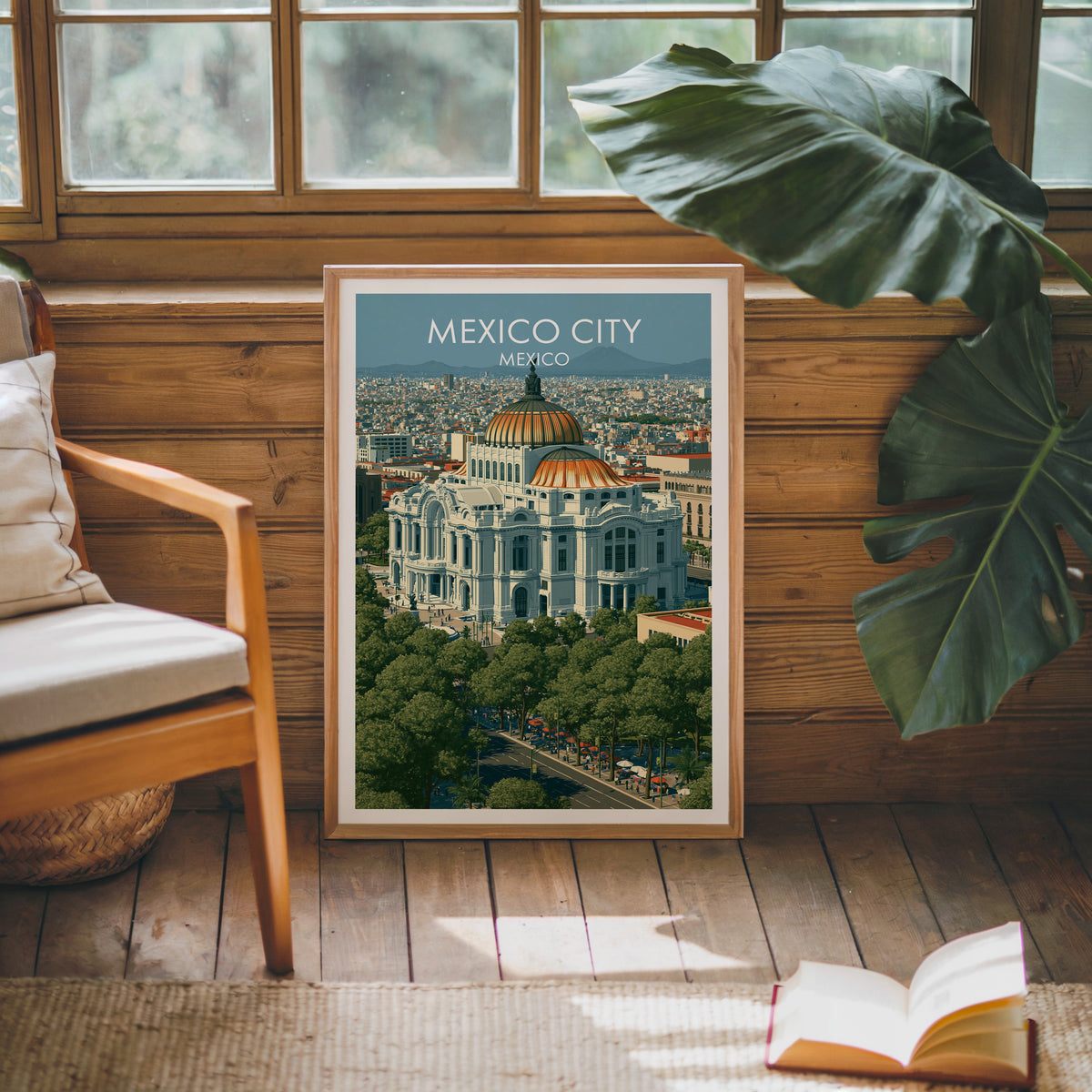 Mexico City palace in a pine cabin, oak frame by a wooden armchair with a monstera leaf and jute rug