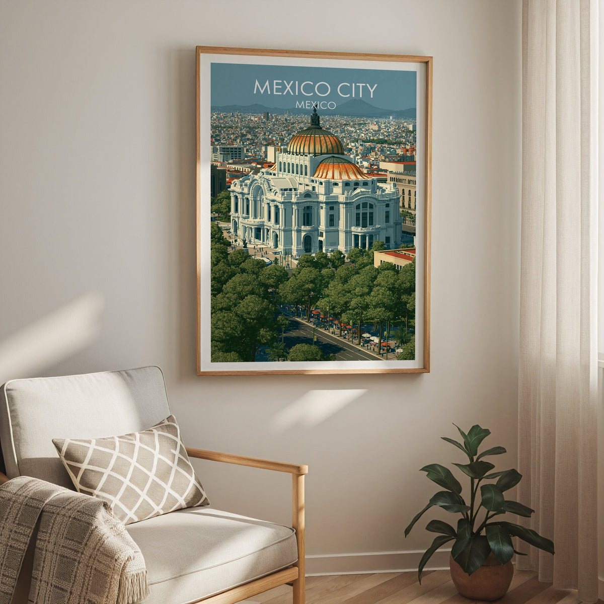 Volcano on the skyline print in an oak frame above a cream armchair with a check cushion and curtain